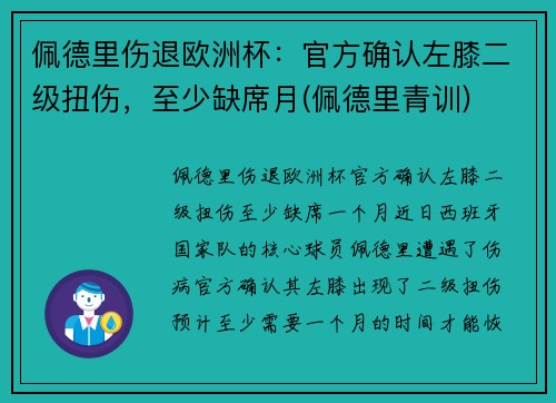 佩德里伤退欧洲杯：官方确认左膝二级扭伤，至少缺席月(佩德里青训)