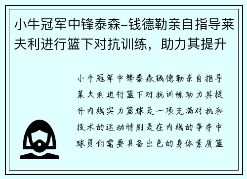 小牛冠军中锋泰森-钱德勒亲自指导莱夫利进行篮下对抗训练，助力其提升内线实力